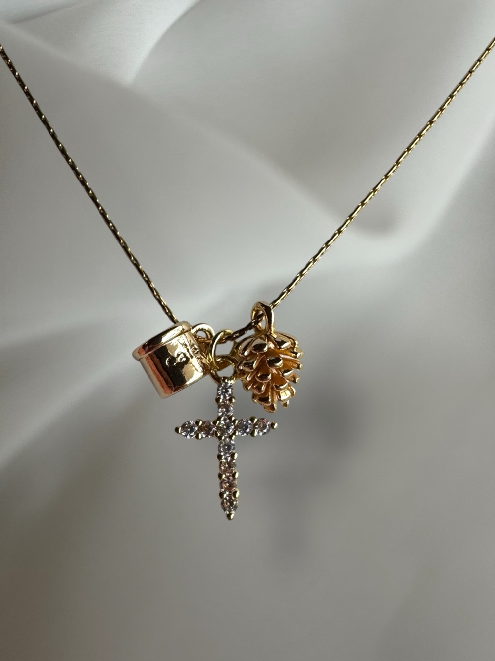 Gold Cross, Coffee Mug, &Pinecone Charm Necklace - Picture 2 of 4